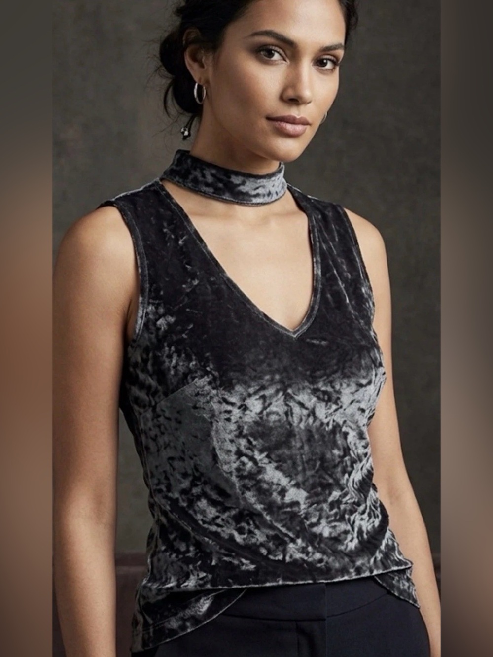 Candie's Crushed Velvet V-Neck Choker Tank Top - Black Gothic Grunge